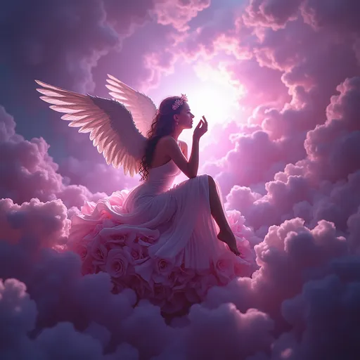 Prompt: an angel goddess is sitting on a rose in heaven with kaleidoscope purplish light all around he