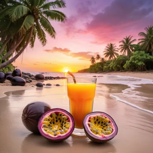 Prompt: beautiful colorful fresh passionfruit sunset photos with palm trees on the beach and passionfruit juice leaking out of the passionfruit