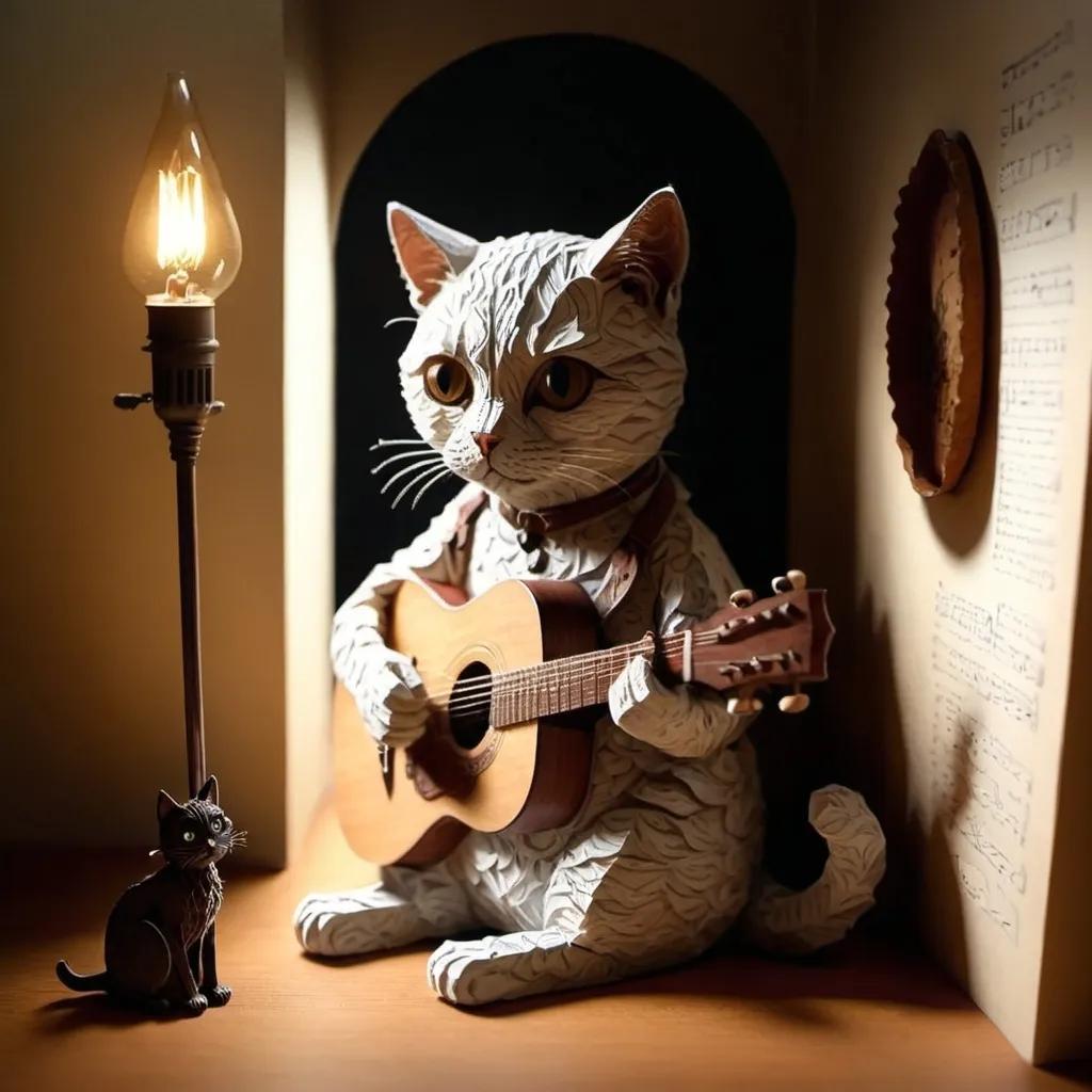 Prompt: 

“A melancholic cat playing an acoustic guitar, sitting alone in a dimly lit room. The cat has sad, expressive eyes, gazing at the camera with deep sorrow. Its fur is slightly ruffled, and its ears are slightly drooped, showing its loneliness. The atmosphere is moody and emotional, with warm, soft lighting casting gentle shadows. The background is blurred, suggesting an empty, quiet space. The cat’s paws delicately strum the guitar strings, as if playing a heartfelt tune, missing its beloved. The overall mood of the image is deeply emotional, evoking a sense of longing and sadness.”