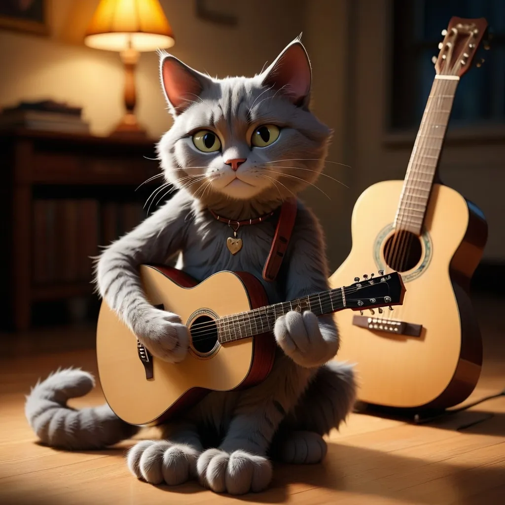 Prompt: 

“A melancholic cat playing an acoustic guitar, sitting alone in a dimly lit room. The cat has sad, expressive eyes, gazing at the camera with deep sorrow. Its fur is slightly ruffled, and its ears are slightly drooped, showing its loneliness. The atmosphere is moody and emotional, with warm, soft lighting casting gentle shadows. The background is blurred, suggesting an empty, quiet space. The cat’s paws delicately strum the guitar strings, as if playing a heartfelt tune, missing its beloved. The overall mood of the image is deeply emotional, evoking a sense of longing and sadness.”