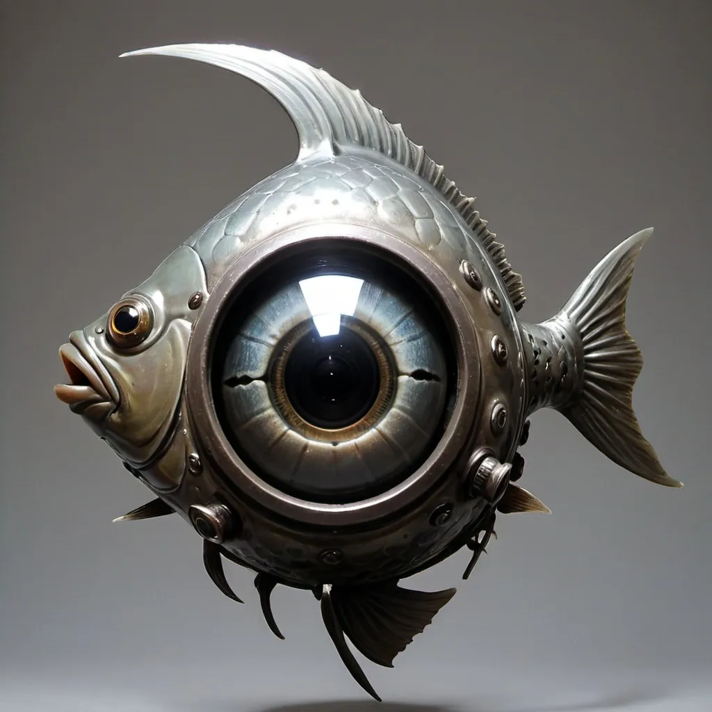 Prompt: A fish eye metal head.