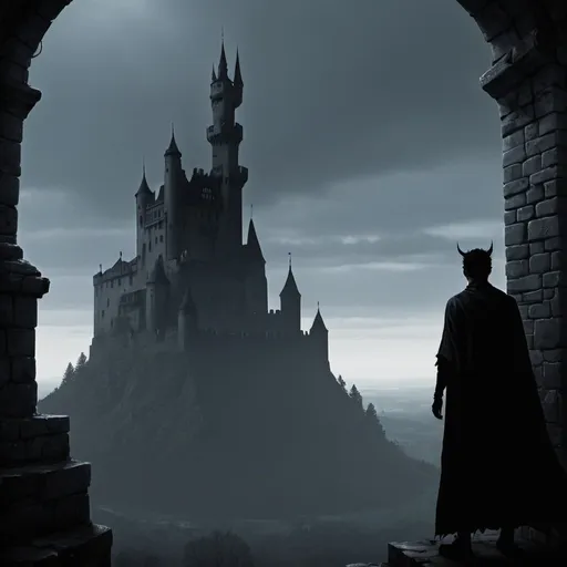 Prompt: 
In the background a cursed castle. On the highest tower of the castle there is an evil shadow looking towards me