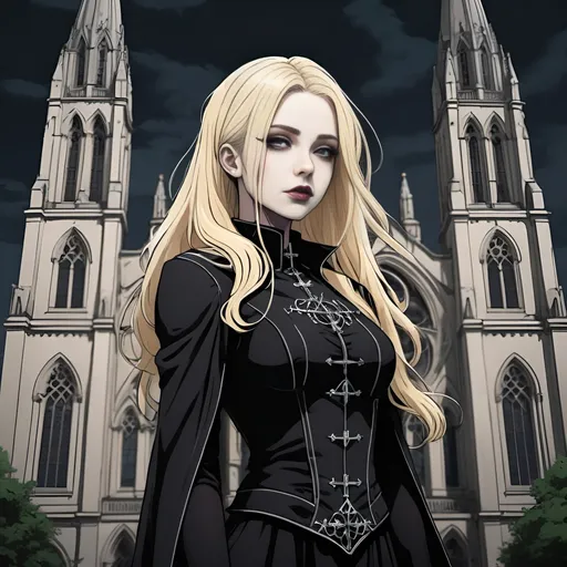 Prompt: Goth woman standing in front of cathedral, blonde hair, dark background, colourised anime lineart style,