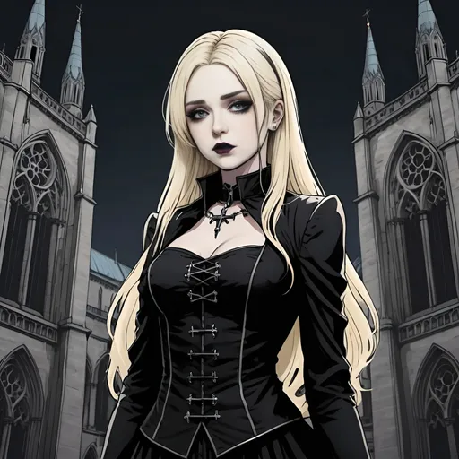 Prompt: Goth woman standing in front of cathedral, blonde hair, dark background, colourised anime lineart style,