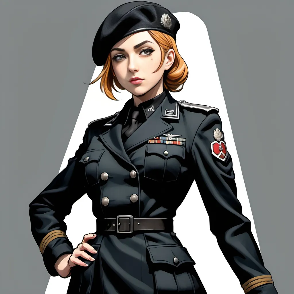 Prompt: Anime Dieselpunk female officer wearing a beret, colourised, black uniform beret, full body shot, anime lineart style, 