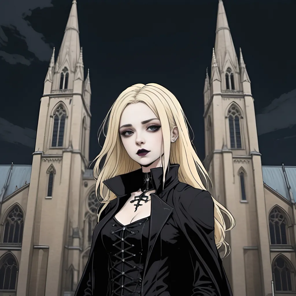 Prompt: Goth woman standing in front of cathedral, blonde hair, dark background, colourised anime lineart style,