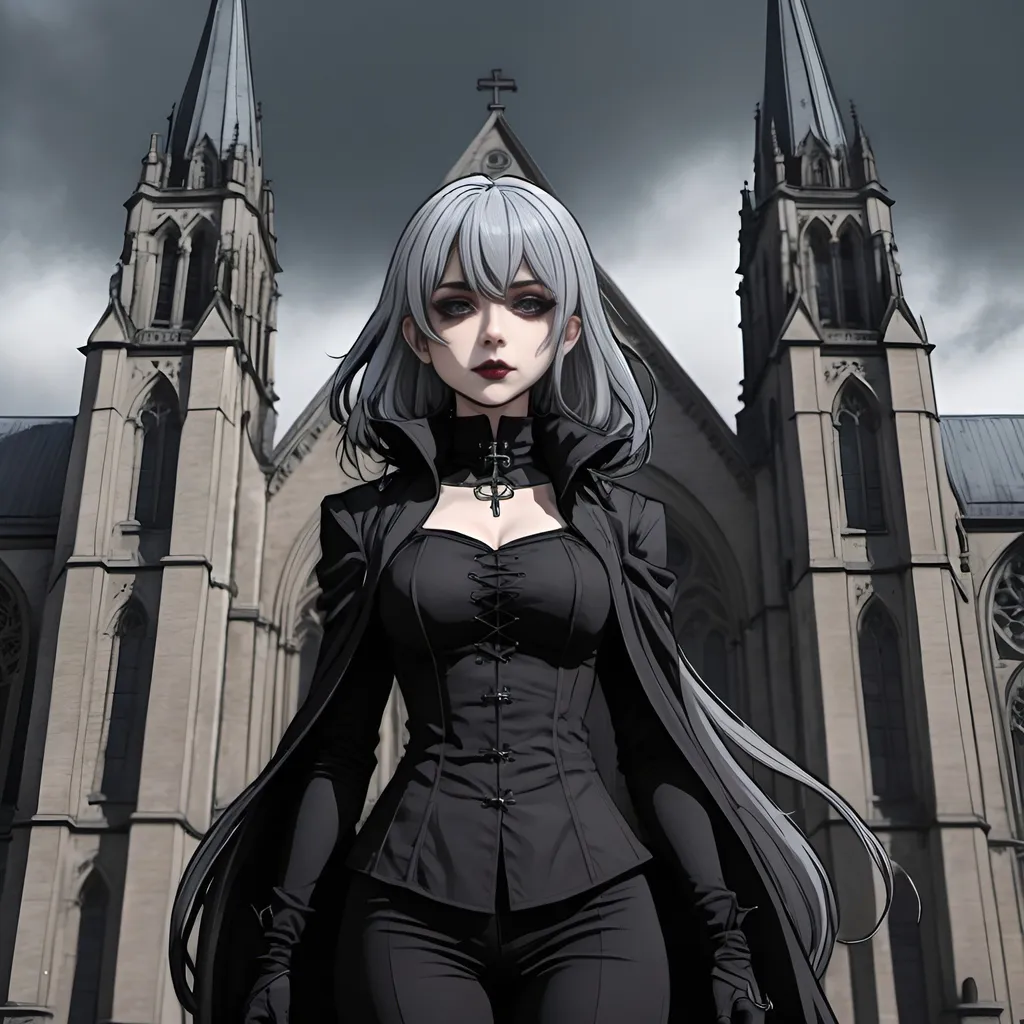 Prompt: Goth woman standing in front of cathedral, grey hair, dark background, colourised anime lineart style,