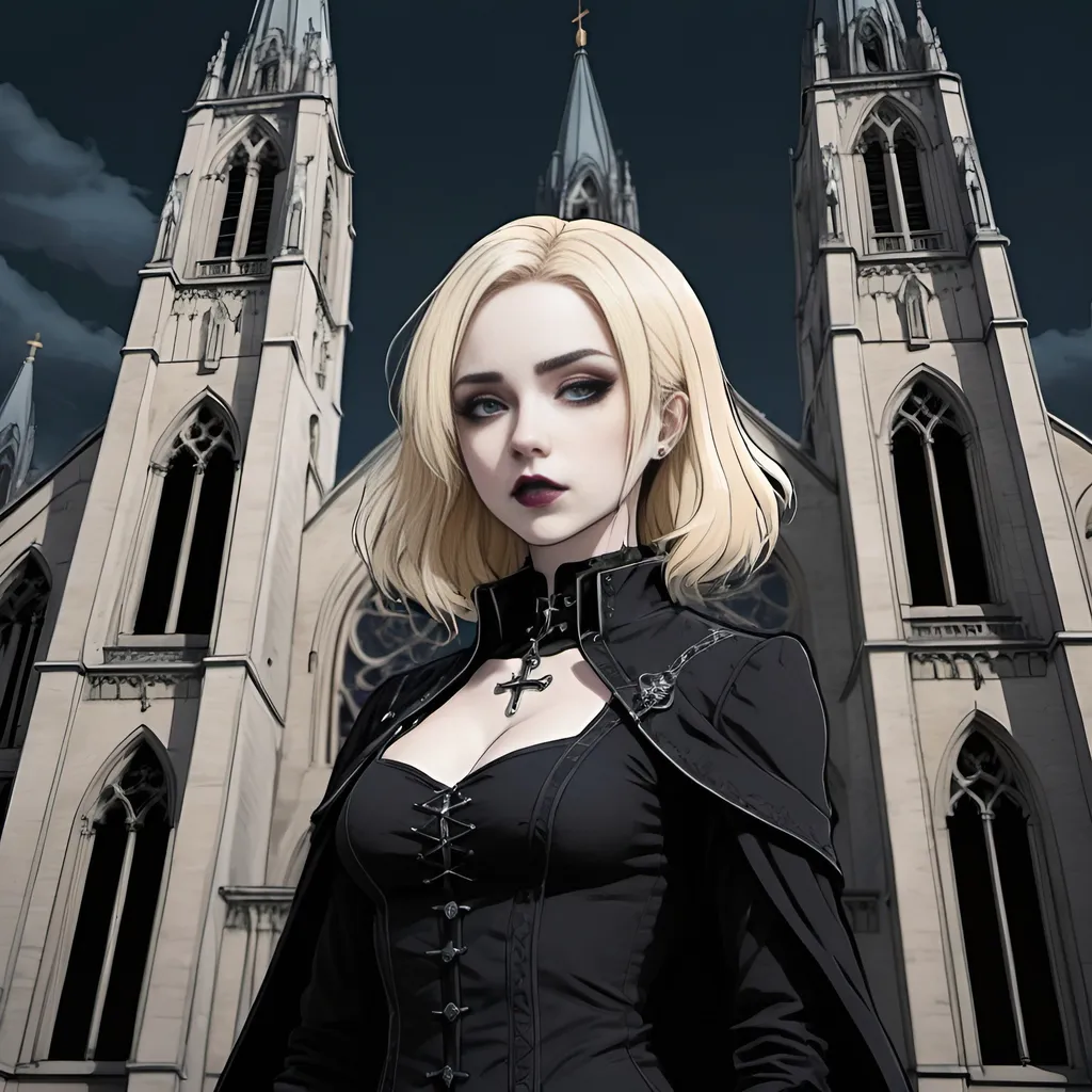 Prompt: Goth woman standing in front of cathedral, blonde hair, dark background, colourised anime lineart style,