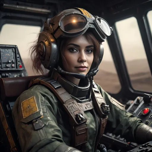 Prompt: Old school female mech pilot in cockpit, battletech, photo realistic, dark gritty atmosphere