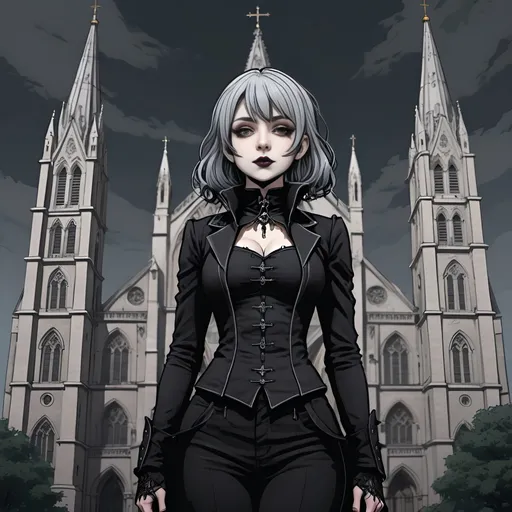 Prompt: Goth woman standing in front of cathedral, grey hair, dark background, colourised anime lineart style,