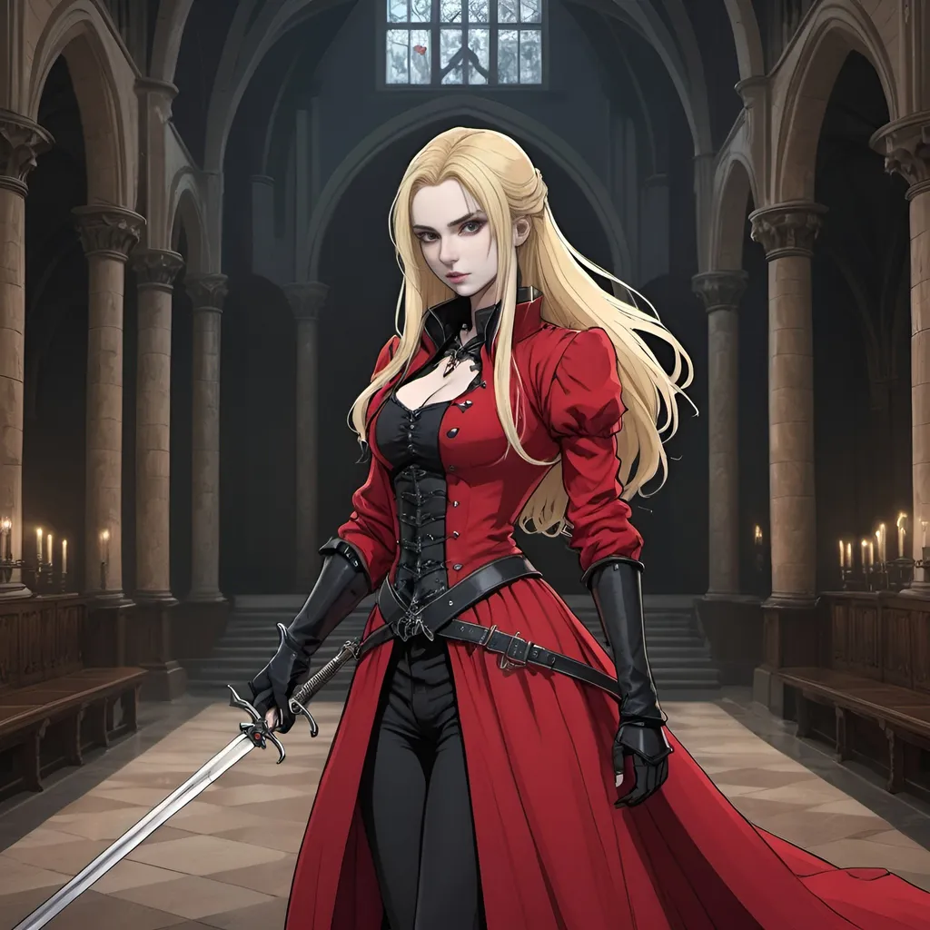 Prompt: Goth woman standing in a great hall holding a rapier, long blonde hair, red clothes, dark background, colourised anime lineart style,