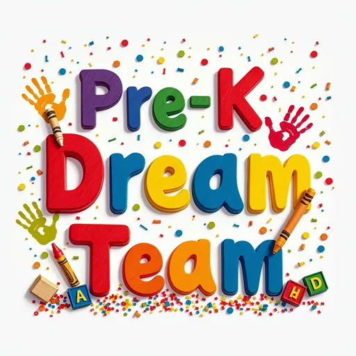 Prompt: create an animated image of the word "Pre-K Dream Team" in primary colors with bright confetti background magnetic alphabet letters and numbers, kids hand prints shooting out from the words add alphabet wooden blocks in the corner happy face drawn with a crayon 
