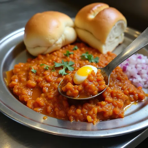 Prompt: A stainless steel plate holds a delightful serving of pav bhaji, featuring two soft, golden-brown bread rolls alongside a vibrant, spicy vegetable mash. The dish is visually enticing with its rich, reddish-brown color, while a spoonful revealing a hint of a boiled egg adds an interesting texture and flavor contrast. Accompanying the main dish is a small portion of finely chopped onions on the side, enhancing the overall presentation with their pale purple hue. The setting appears casual and informal, suggesting a bustling eatery atmosphere, complemented by the smooth metallic surface of the plate that reflects surrounding light, emphasizing the inviting nature of this popular street food.