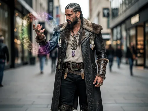 Prompt: Sophisticated, barbaric man using talisman magic, high street, detailed clothing, realistic, natural lighting