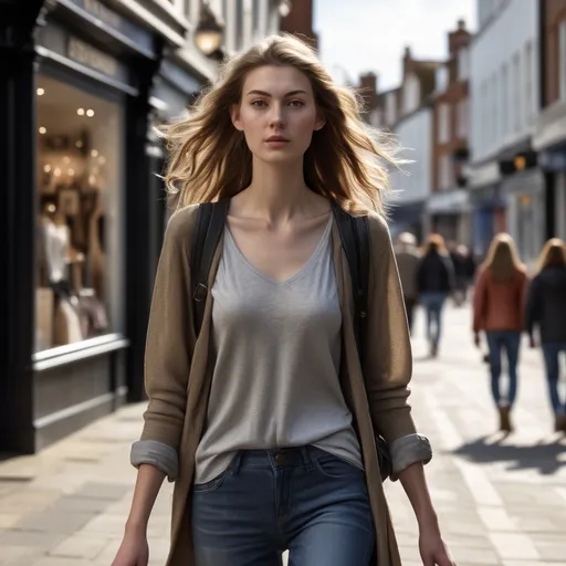 Prompt: Tall young woman walking down the high street, detailed clothing, realistic, natural lighting