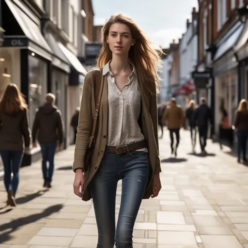 Prompt: Tall young woman walking down the high street, detailed clothing, realistic, natural lighting