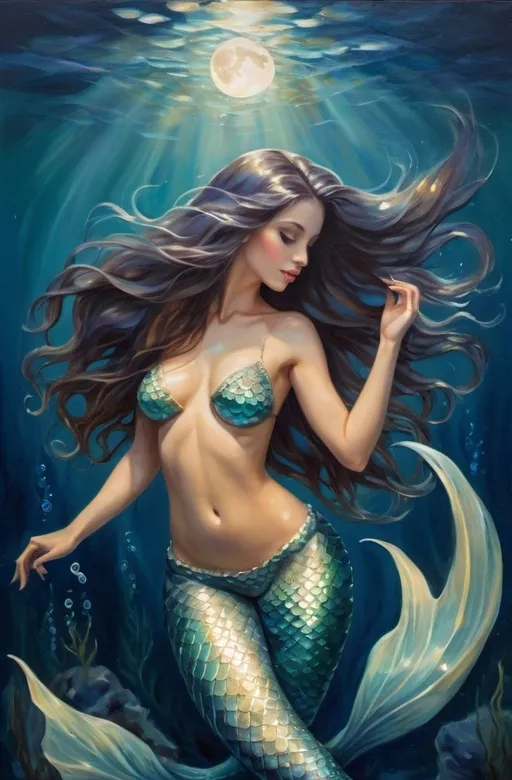 Prompt: Sensual oil painting of a captivating mermaid, luminous scales shimmering in the moonlight, flowing long hair with gentle waves, alluring and enchanting gaze, mystical underwater ambiance, high quality, oil painting, mermaid, sensual, moonlit, luminous scales, flowing hair, captivating gaze, underwater, mystical, atmospheric lighting