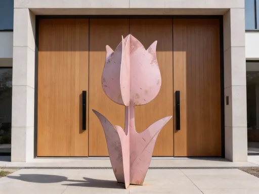 Prompt: A photorealistic scene showing a pastel pink metal tulip sculpture placed directly in front of a modern house entrance.
The tulip sculpture is 1.14 meters tall, and the entrance door behind it is 2.80 meters tall, with accurate real-world scale and proportions.
The flower is centered, standing on the ground in front of the door, slightly in the foreground.
The tulip has a soft pastel pink finish, subtle weathered texture, and a minimalist, sculptural metal design made of intersecting flat panels.
The door is modern and natural: large vertical wooden panels in warm oak tone, clean lines, matte black handles, and a contemporary architectural frame made of light stone or concrete.
Neutral daylight, soft shadows, realistic lighting, high detail, sharp focus, architectural photography style, ultra-realistic, 8k quality.
