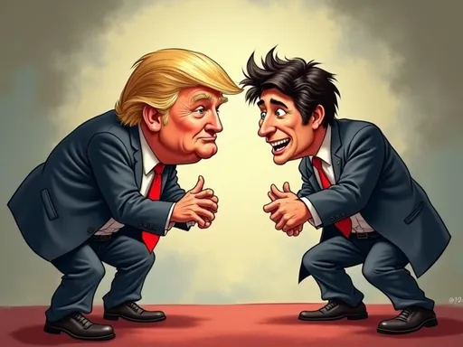 Prompt: Donald Trump on his tippy toes, humorously sneaking up to pickpocket Justin Trudeau, exaggerated poses to emphasize stealth and mischief. Background with soft-focus, a humorous ambiance highlighted by playful expressions on both characters' faces. Cartoonish style with vibrant colors and dramatic shading, capturing a lighthearted, comical interaction, ultra-detailed, high-quality illustration. 