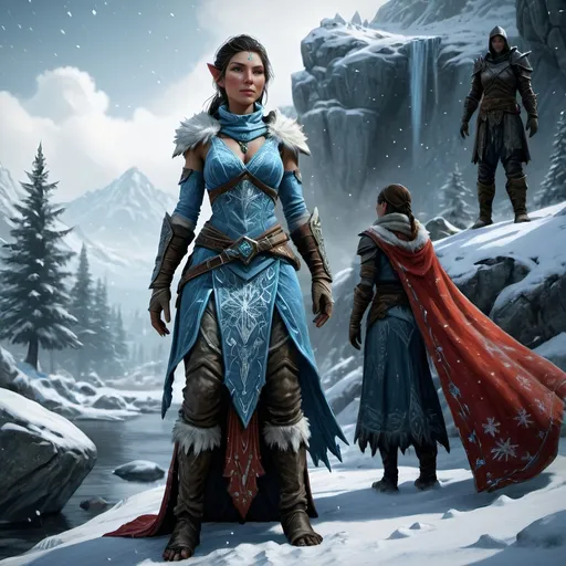 Prompt: Concept art for video game development, Skyrim, Ada Hill Walker (stunning character art), a woman in an elaborate costume, composed and poised in a snowy landscape,vibrant colors with a cold, crisp ambiance, soft snowflakes falling gracefully, ultra-detailed textures, evocative concept art, cinematic lighting capturing the tranquility and beauty of the scene.