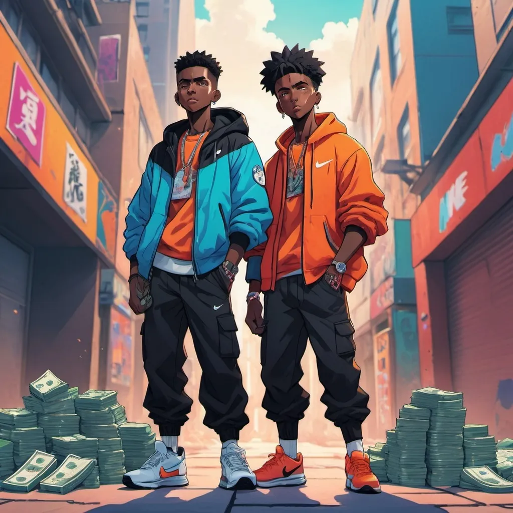 Prompt: two black brothers wearing nike holding money anime