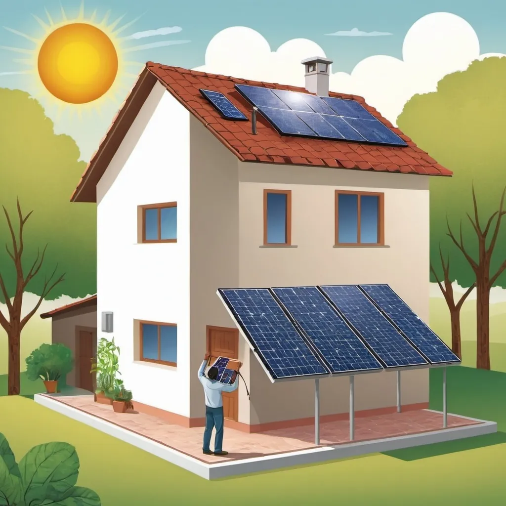 Prompt: Man putting solar panela on his house , illustration

