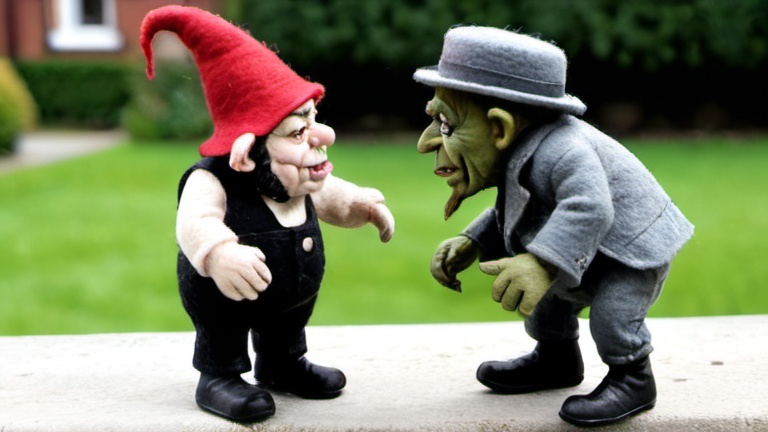 Prompt: A cockney gangster goblin extorting a garden gnome in Albert Square. Overcast. Miserable.