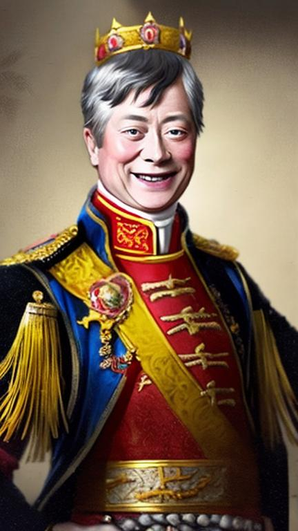 Prompt: Old portrait of King George IV of Great Britain happily smiling and cosplaying as his favorite Chinese Wuxia action hero.