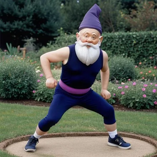 Prompt: Popular 90s morning garden gnome magazine tv show featuring the handsome old stout gnome workout instructor wearing spandex teaching home viewers the very best of gnome aerobics.