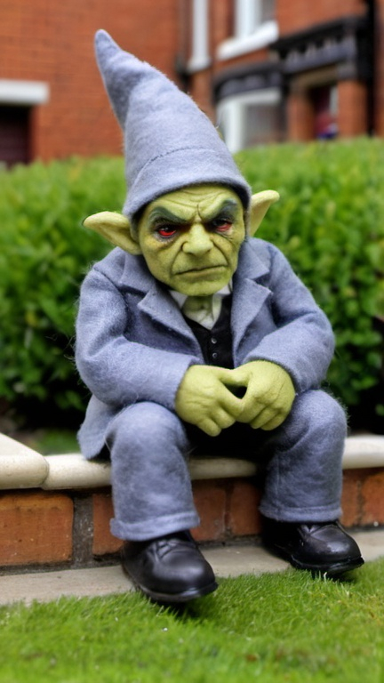 Prompt: A cockney gangster goblin extorting a garden gnome in Albert Square. Overcast. Miserable.