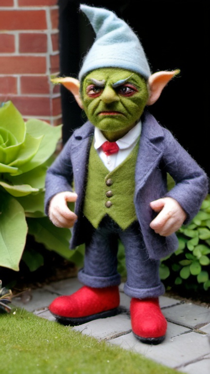 Prompt: A cockney gangster goblin extorting a garden gnome in Albert Square.