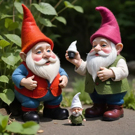 Prompt: A heated garden gnome argument erupts between two drunk and delinquent garden gnomes outside a tranquil gnome massage parlor with saucy snails