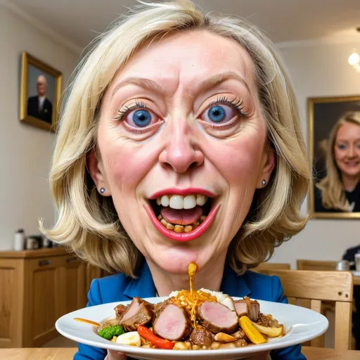 Prompt: Liz Truss pork mukbang