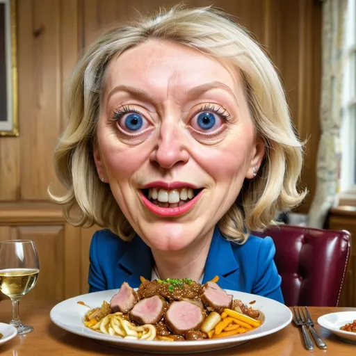 Prompt: Liz Truss pork mukbang
