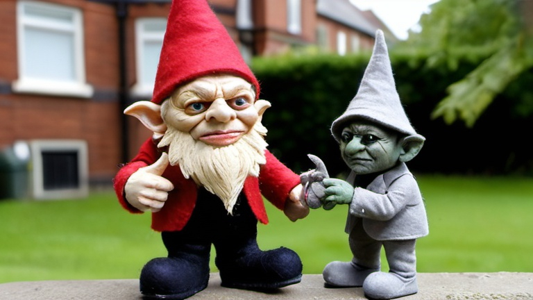 Prompt: A cockney gangster goblin extorting a garden gnome in Albert Square. Overcast. Miserable.
