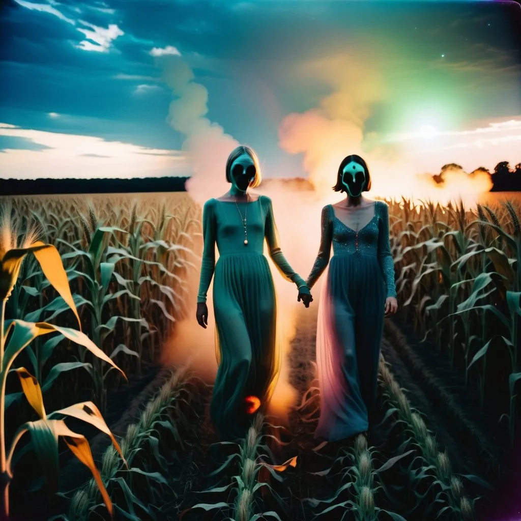 Prompt: create a cosmic horror scene, ghastly, otherworldly, impending doom, psychedelic, Polaroid picture, endless cornfields, faceless humans dancing, dramatic lighting, chilling glow, haunting, 