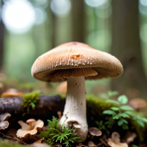 Prompt: 85mm lens, portrait of a mushroom top 70deg, blurred background, photo-realism 