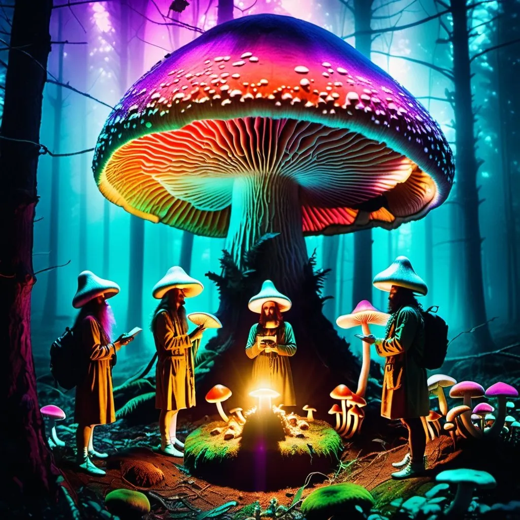 Prompt: mushroom people worshiping a great mushroom in the middle of the scene, psychedelia colors, otherworldly, 
polaroid, dramatic lighting, haunting, animated 
