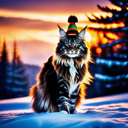 Prompt: Majestic Maine Coon wearing rasta hat in the snow, photo realistic, dramatic lighting, contrasting colors, highres, detailed fur, snow-covered landscape, regal expression, fantasy, magical, Disney style, professional, vibrant color palette, atmospheric lighting