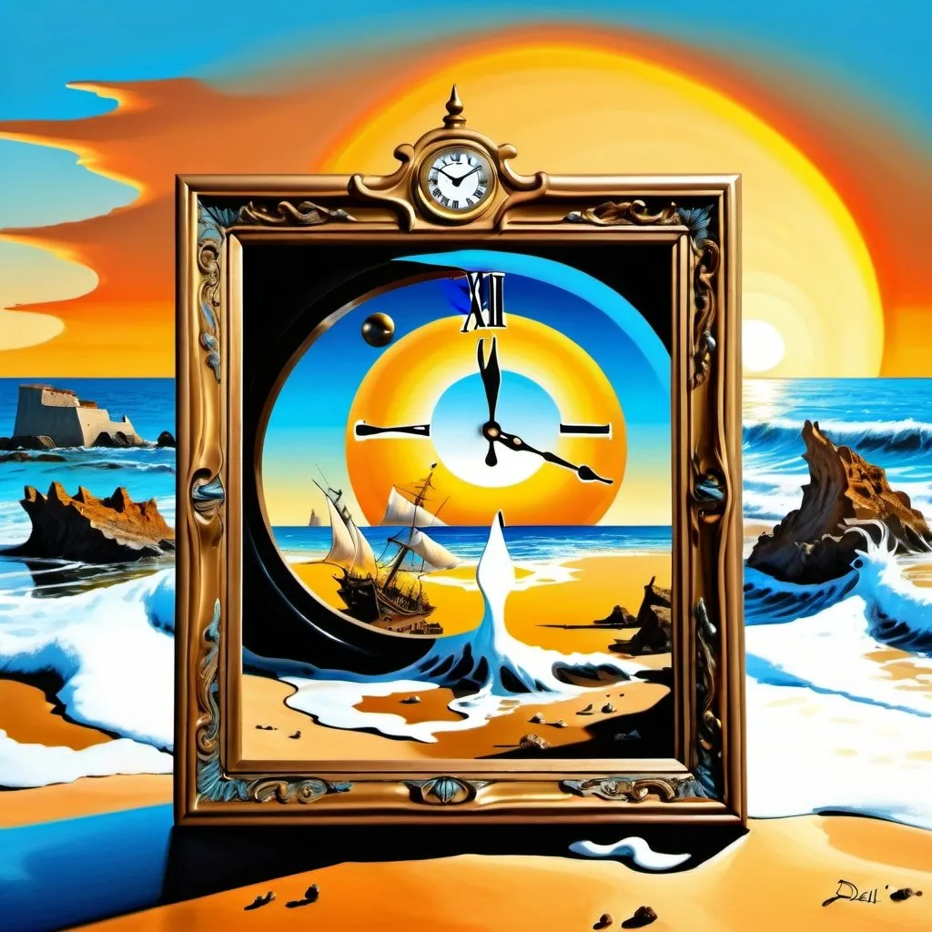 Prompt: a picture within a picture Sunrise over a beach, digital painting, surreal-realism, intricate details, the sea is spilling from the frame, contrasting color palette, clear summer sky, Salvador Dali style, shipwreck in background, surreal-realism, dramatic lighting, intricate details, dragon melting, melting clock Dali style, clear sky, hyper details.