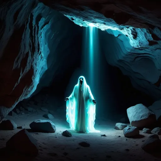 Prompt: Spooky, glowing ghost in a rocky desert cave, chilling atmosphere, high quality, eerie, dark and cold, detailed spectral figure, desolate landscape, chilling glow, haunting, rocky terrain, ghostly, surreal lighting