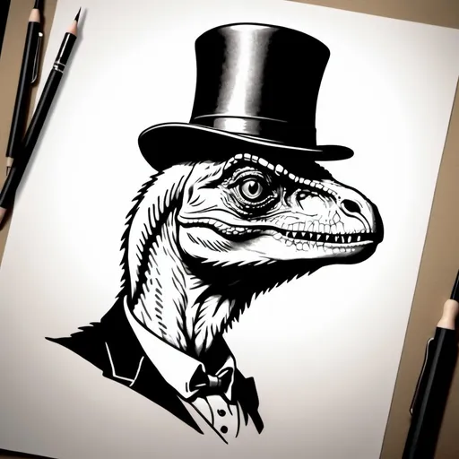 Prompt: Velociraptor wearing a top hat and monocole, pondering the meaning of existence, tattoo outline, small needle, detail shadow, philosophical