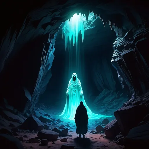 Prompt: anime style, Spooky, glowing ghost in a rocky desert cave, chilling atmosphere, high quality, eerie, dark and cold, detailed spectral figure, desolate landscape, chilling glow, haunting, rocky terrain, ghostly, surreal lighting
