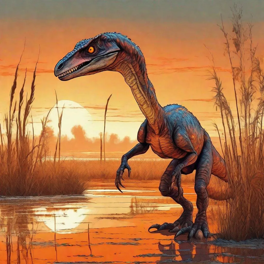 Prompt: Dawn scene, Velociraptor in marshland, hyperrealistic comic style, surreal lighting, cosmic background, intense expression, vivid orange hues, contrasting colors, intricate texture, realistic scales, detailed claws, professional quality, highres, ultra-detailed, dawn scene, shades of orange