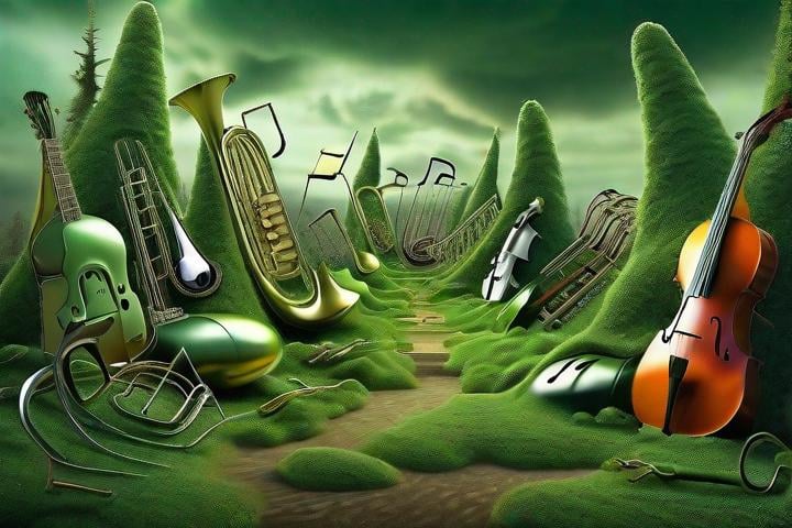 Prompt: Surreal forest of musical instruments, growing from the clouds, spilling clouds, melting ground, hyper-realistic Salvador Dali style, intricate details, HDR lighting, high-detail, shades of green, contrasting color palette, surrealism, detailed musical instruments, professional, forest, vibrant greens, surreal realism, high dynamic range lighting, detailed surrealism, professional art, forest of instruments