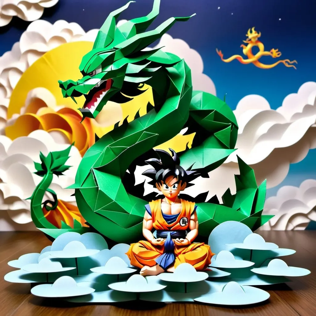 Prompt: son goku meditating on a cloud, with green Shenron flying in the background, photo realism , origami style,