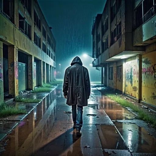 Prompt: Melancholic photo of a man walking toward the camera in an abandoned at night, rain, cyberpunk, photo realism, hdr