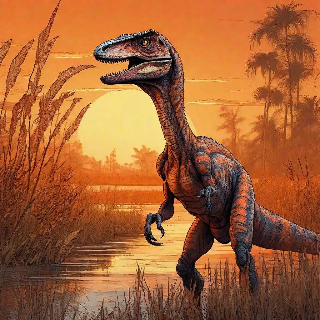 Prompt: Dawn scene, Velociraptor in marshland, hyperrealistic comic style, surreal lighting, cosmic background, intense expression, vivid orange hues, contrasting colors, intricate texture, realistic scales, detailed claws, professional quality, highres, ultra-detailed, dawn scene, shades of orange