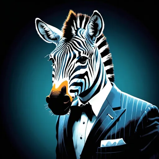 Prompt: anthropomorphic zebra as a Villain from classic James bond movie, 60's, Dramatic, Pena vision, cinema, contrasting colors, atmospheric lighting, pulp style poster