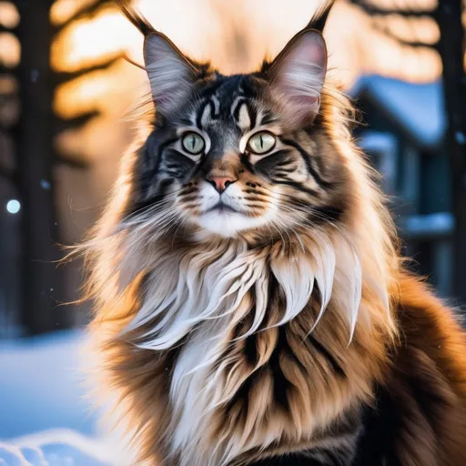 Prompt: Majestic Maine Coon in the snow, portrait as Disney princess, photo realistic, dramatic lighting, contrasting colors, highres, detailed fur, snow-covered landscape, regal expression, fantasy, magical, Disney style, professional, vibrant color palette, atmospheric lighting